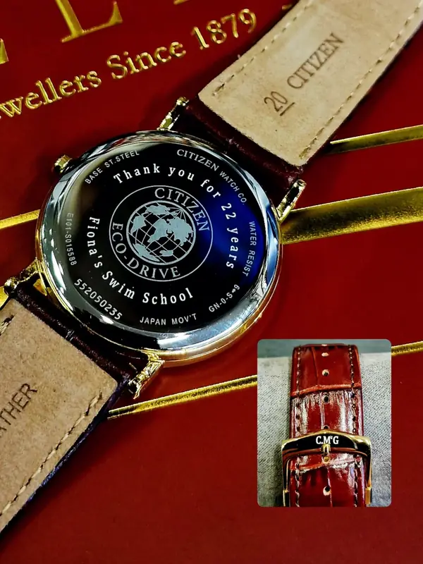 Citizen watch back engraved ‘Thank you for 22 years, Fiona’s Swim School’