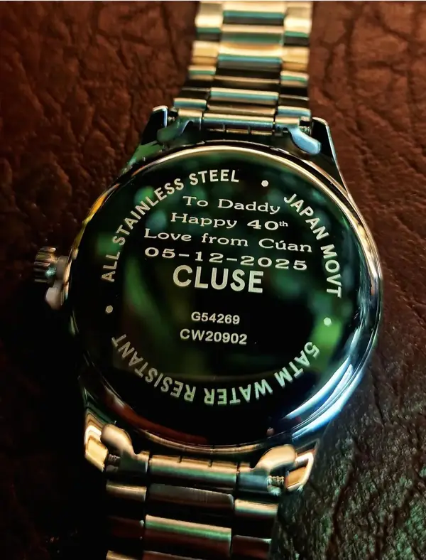 Cluse watch back engraved with a 40th birthday message
