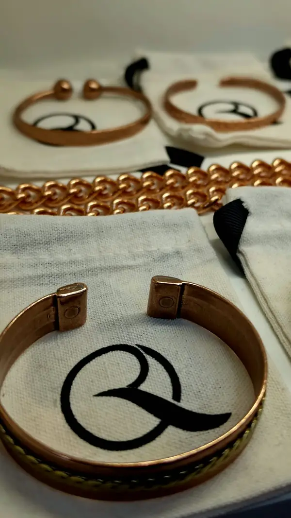 Copper bracelets on Oranmore Repairs pouches