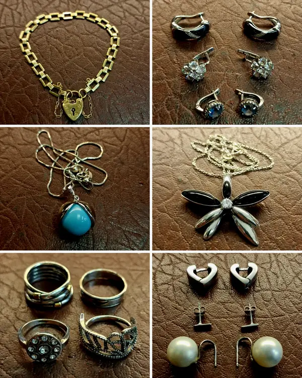 Earrings, rings, pendants and a gold padlock bracelet