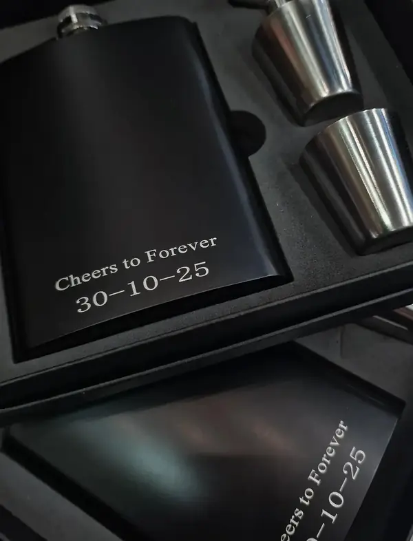 Hip flask gift set engraved ‘Cheers to Forever’