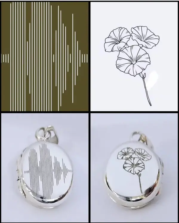 Silver lockets engraved with a sound wave and a flower