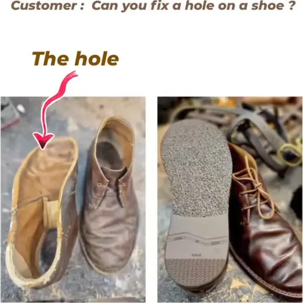 A hole in a shoe, before and after the repair