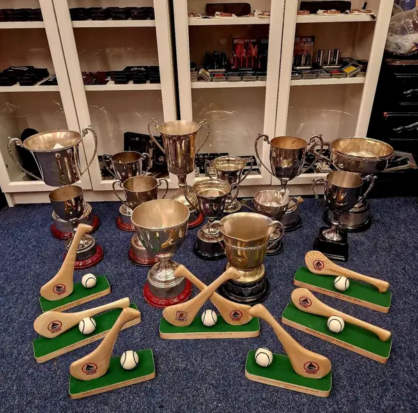 Hurling trophies and cups ready for a club presentation