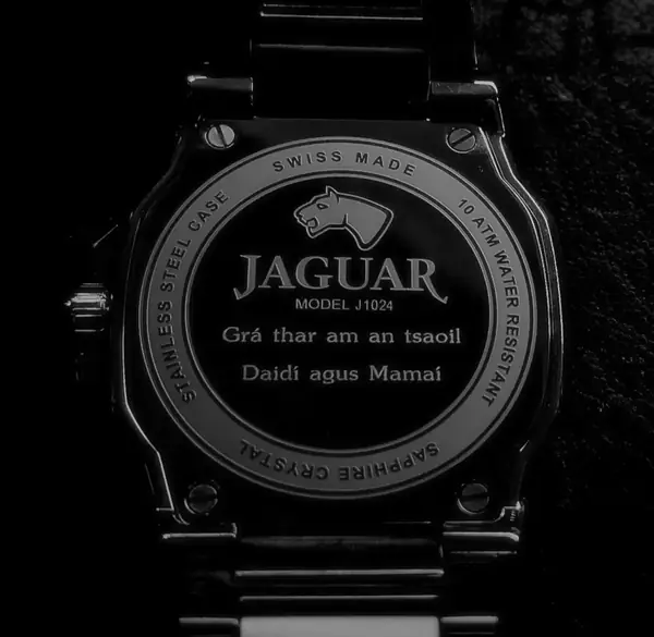 Jaguar watch back engraved with a message in Irish