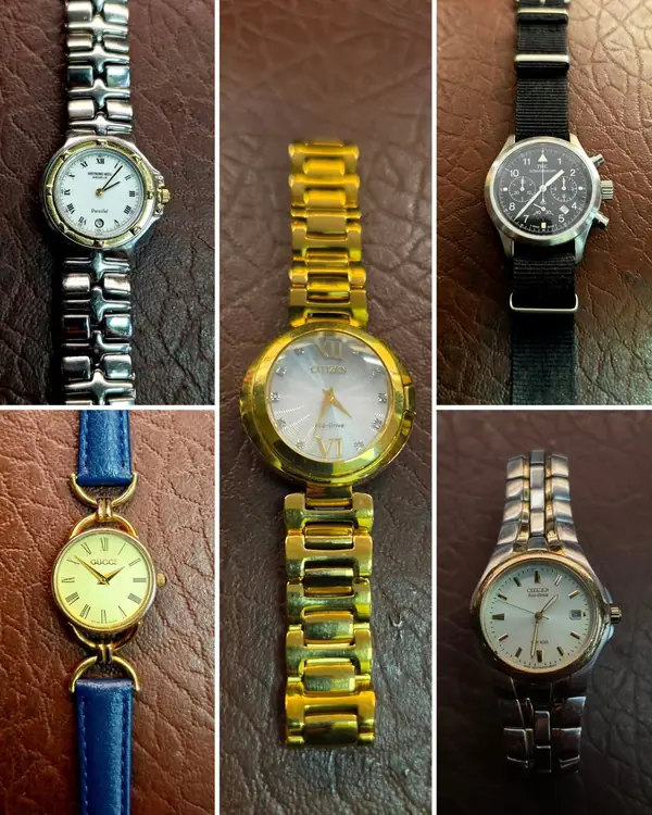 Six ladies’ and gents’ watches on leather