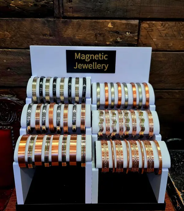 Magnetic copper bracelets on display in the shop