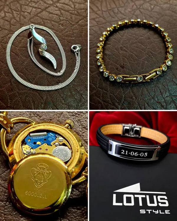 Silver pendant, crystal bracelet, open watch case and an engraved Lotus bracelet